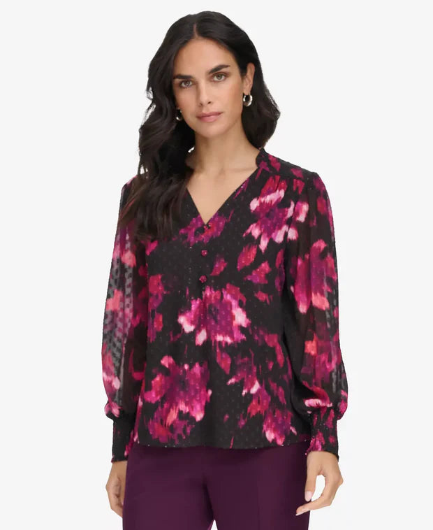Calvin Klein Women's Multicolor Printed V-Neck Long-Sleeve Blouse| Calvin Klein In Lebanon