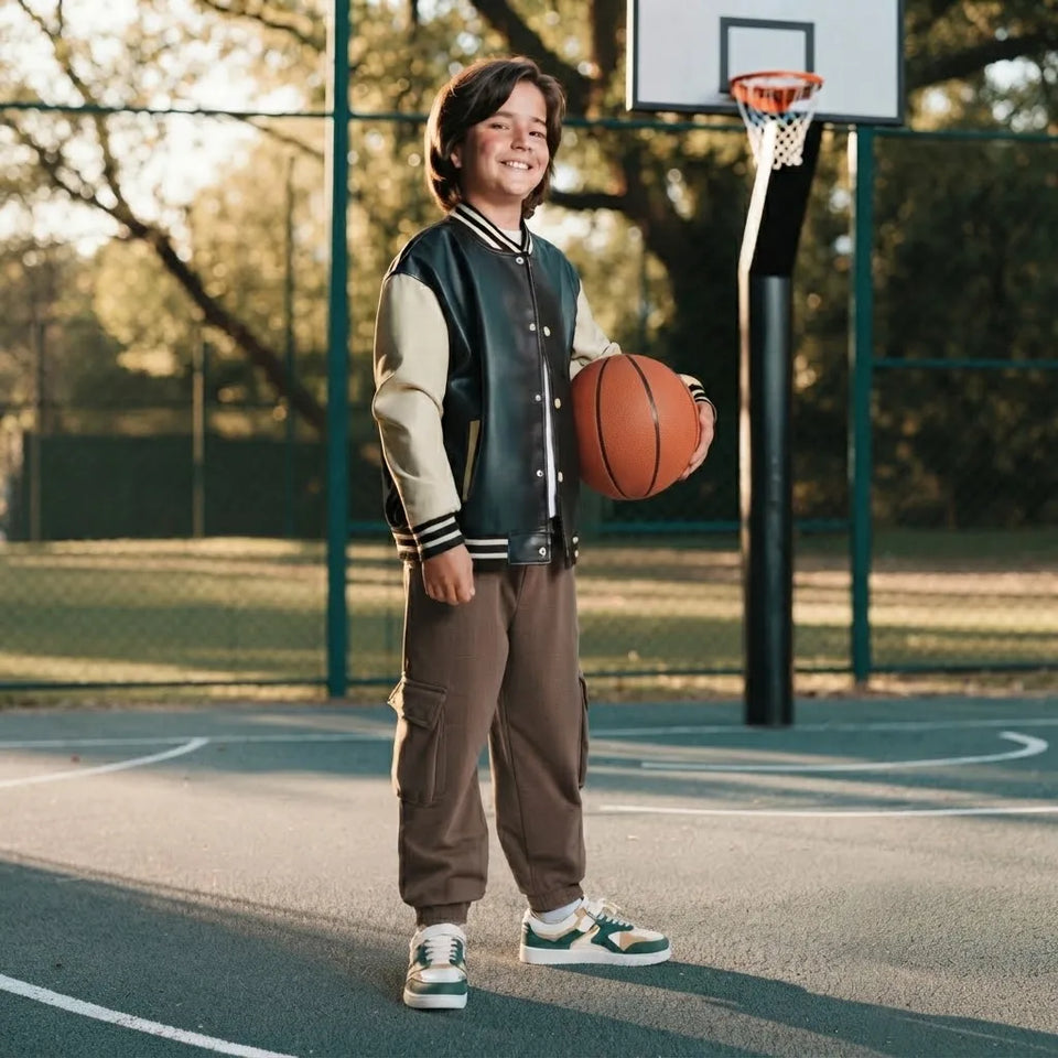 A young boy stands on an outdoor basketball court holding an orange basketball. He is wearing a dark green and beige varsity jacket, brown cargo pants, and green and white sneakers.