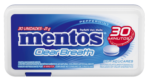 Mentos clear breath product packaging with blue and white design
