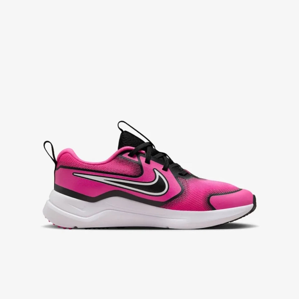 A Nike running shoe in vibrant pink and black with a white midsole, shown from a side profile on a light gray background.