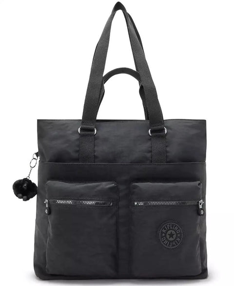 Black tote bag with multiple pockets and a visible brand logo on a white background