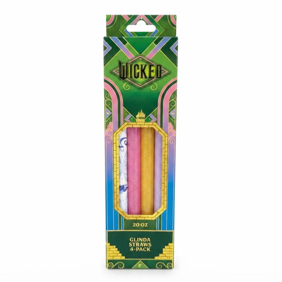 Wicked Glinda Straws 4-pack in a tall, narrow retail box with a green, pink, and blue Art Deco design. The clear window shows four colorful straws: white with blue patterns, pink, yellow, and gold.