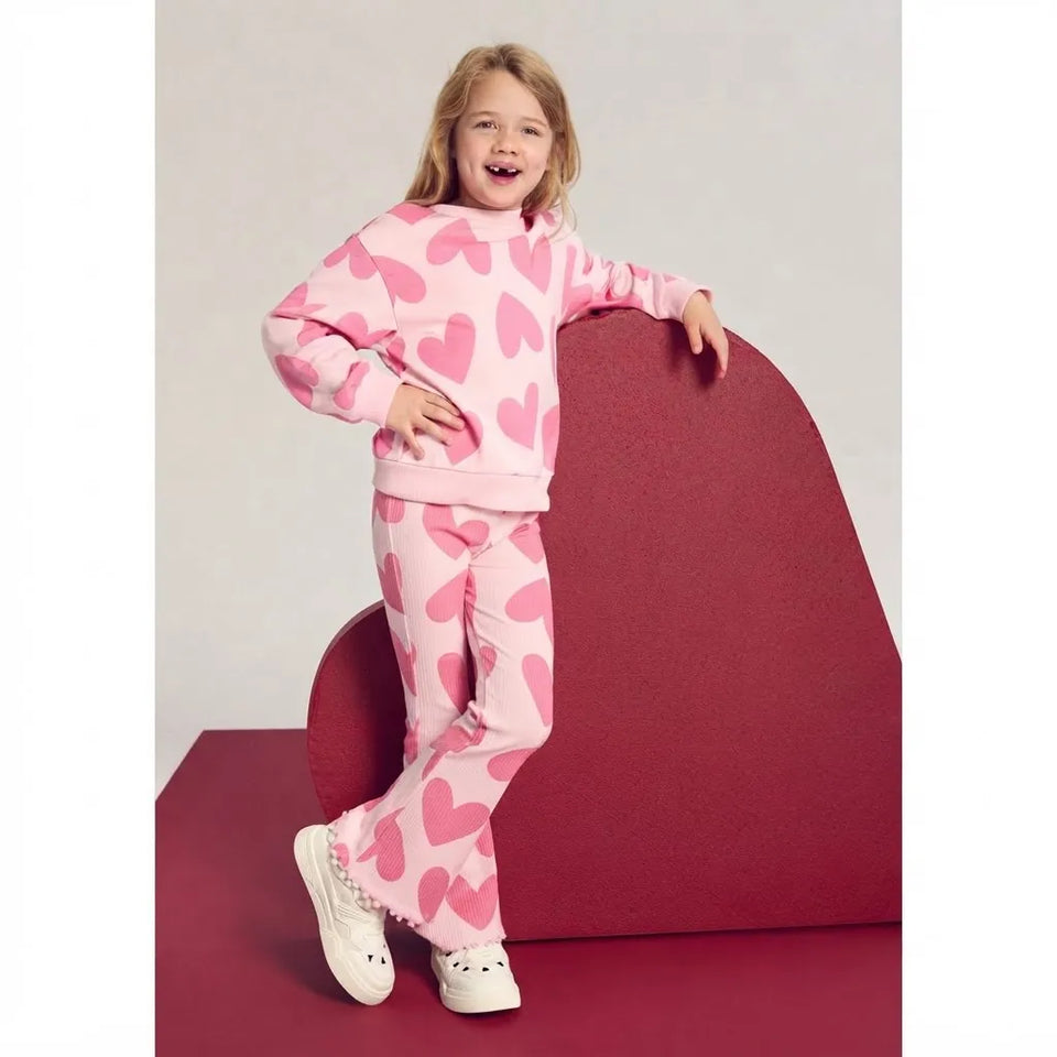 Sinsay Girl's Light Pink with Bright Pink Heart Graphics Sweatshirt and Sweatpants Set