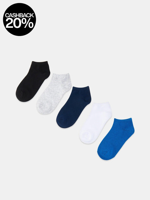 Set of five pairs of ankle socks in black, white, blue, and gray on a light gray background.
