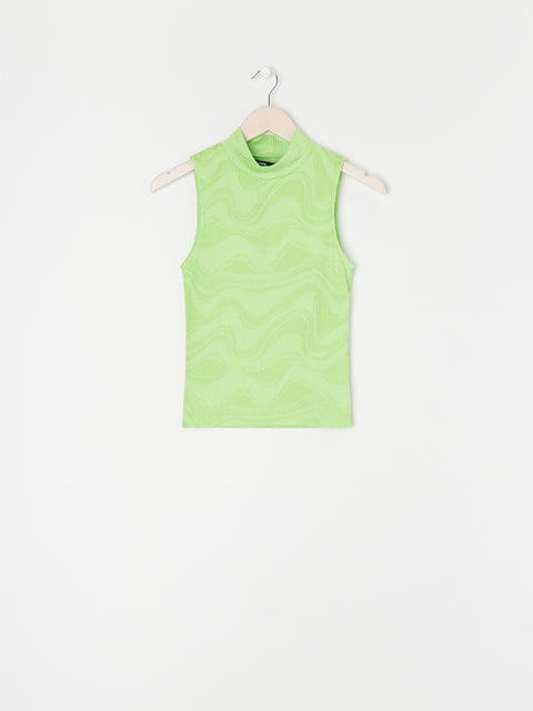 Green sleeveless top on a hanger against a white background
