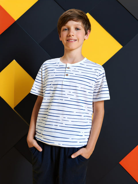 Sinsay Boy's White & Navy Striped Buttoned Neck T-Shirt|Sinsay In Lebanon