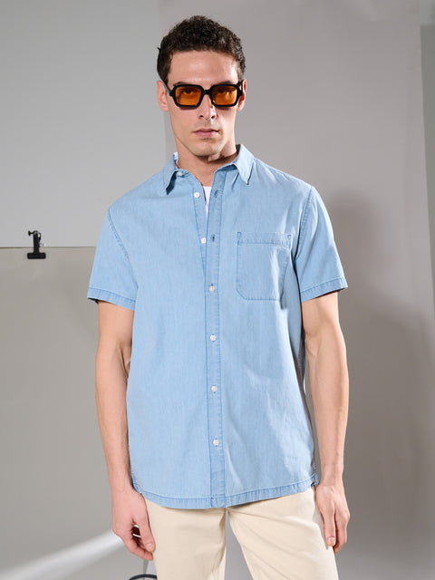 Sinsay Men's Light Blue Denim Regular fit short sleeve Shirts   | Sinsay in Lebanon