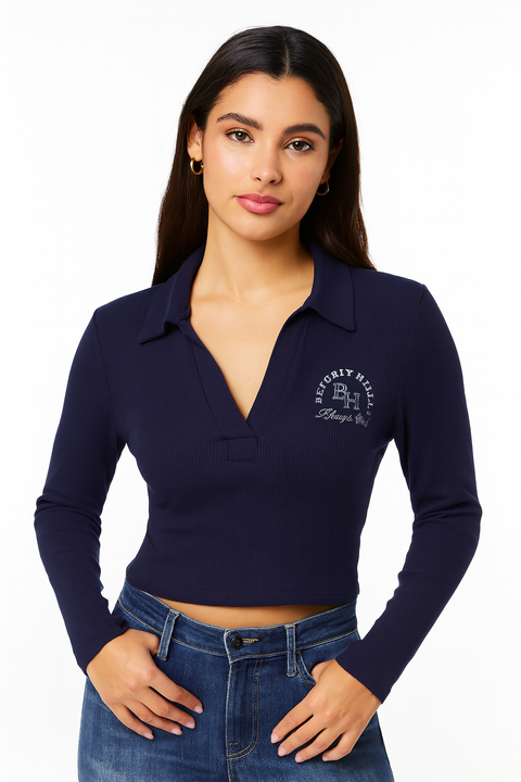 Forever 21 Women's Navy Ribbed Polo Neck Long Sleeve Blouse | Forever 21 In Lebanon