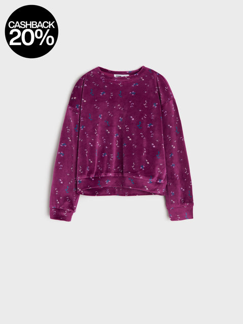Purple sweatshirt with floral pattern on a white background