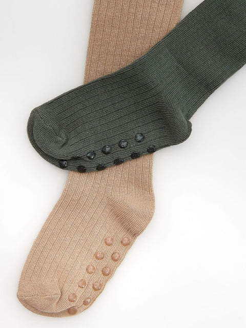 Reserved Girl's Beige & Olive Green Ribbed Pack Of 2 Tights | Reserved In Lebanon