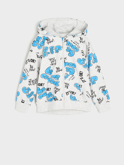 White hoodie with blue and black text and graphics on a white background
