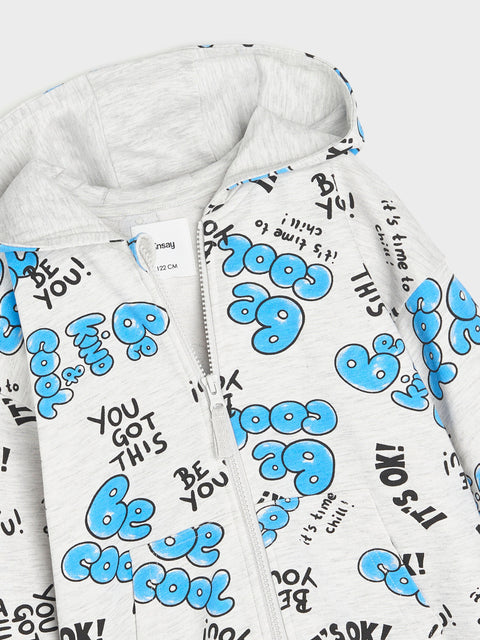 White hoodie with blue and black text pattern on a white background