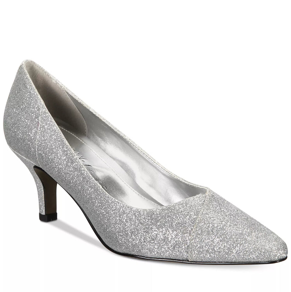 A single silver glitter pointed-toe pump with a kitten heel, shown from a side profile on a white background.