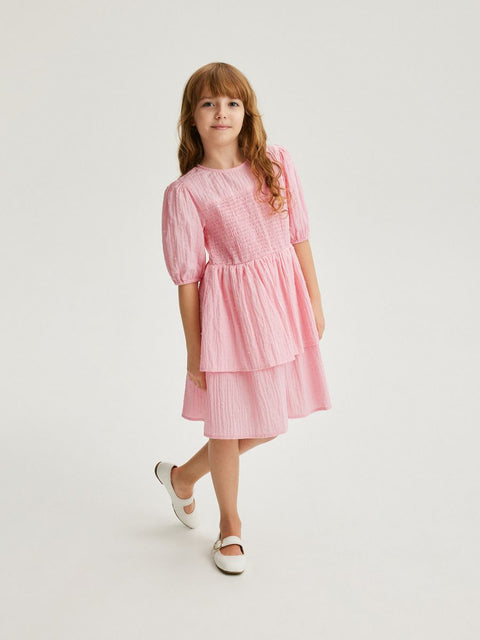 Reserved Girl's Pink Cotton Short Sleeve Ruffle Dress | Reserved In Lebanon