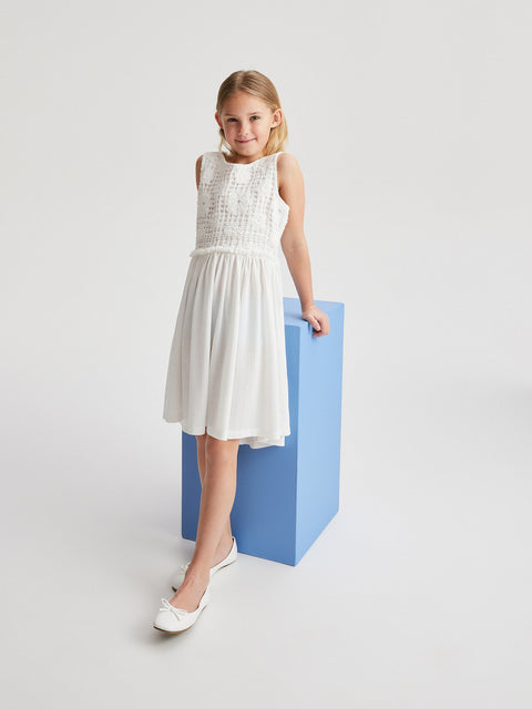 Reserved Girl's Off White Openwork Sleeveless Dress | Reserved In Lebanon
