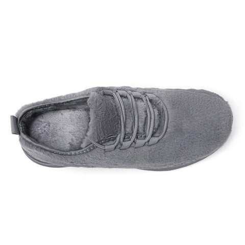 Gray slip-on shoe with fuzzy texture on a white background