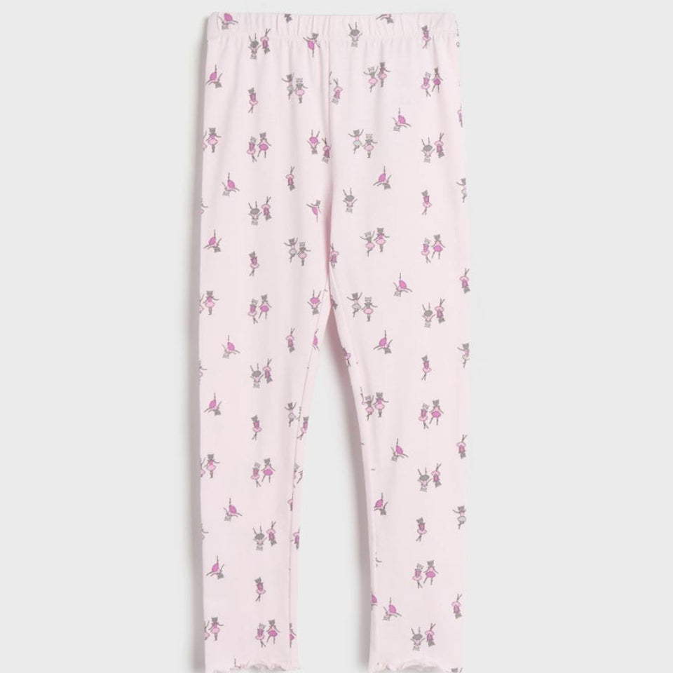 Pink pajama pants with a subtle pattern on a white background