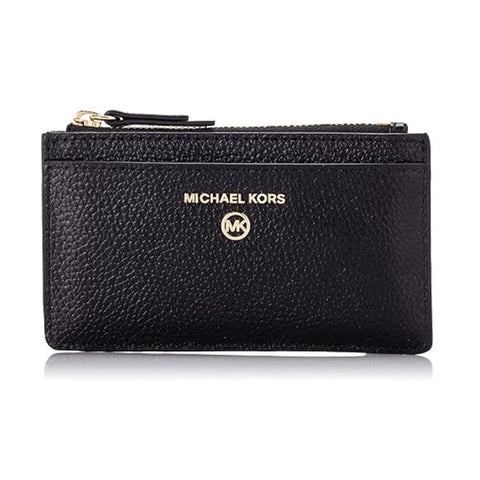 Black leather wallet with gold zipper and 'Michael Kors' branding on a white background