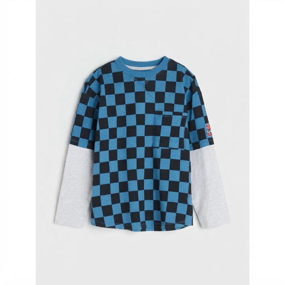 Sinsay Boys Blue and Black Checkerboard Pattern Crew Neckline Blouse