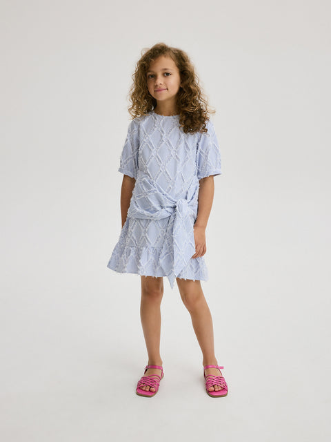 Reserved Girl's White & Blue Striped Round Waist Belted Dress | Reserved In Lebanon