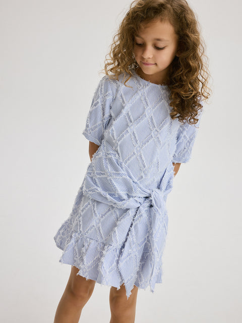 Reserved Girl's White & Blue Striped Round Waist Belted Dress | Reserved In Lebanon