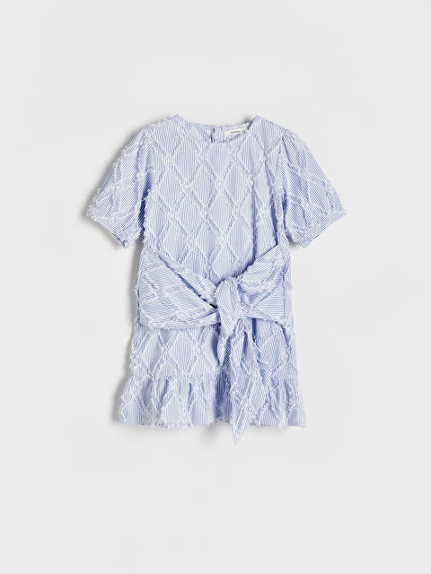 Reserved Girl's White & Blue Striped Round Waist Belted Dress | Reserved In Lebanon