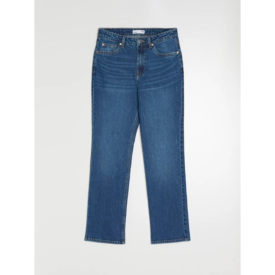 A pair of medium-wash blue denim jeans with a straight-leg fit, shown flat against a light gray background.