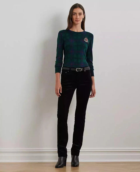 Lauren Ralph Lauren Women's Green & Navy Watch Plaid Beaded-Crest Long Sleeve Blouse | Lauren Ralph Lauren In Lebanon