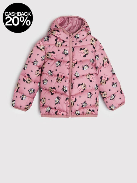 Pink children's jacket with character print on a light gray background