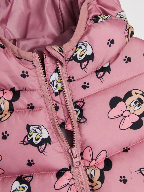 Pink puffer jacket with cartoon character pattern on a white background