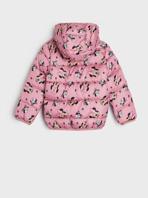 Pink puffer jacket with character prints on a white background