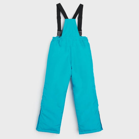 Turquoise bib overalls with black straps on a light gray background