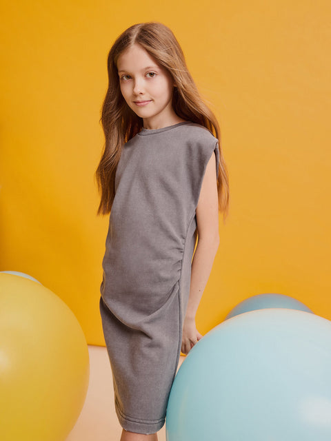 Reserved Girl's Dark Grey Dress With Gathers At The Waist | Reserved In Lebanon