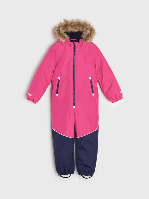Pink and navy snowsuit with fur hood on a white background