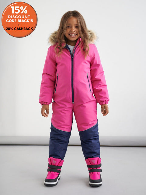 Child wearing a pink and navy snowsuit on a white background