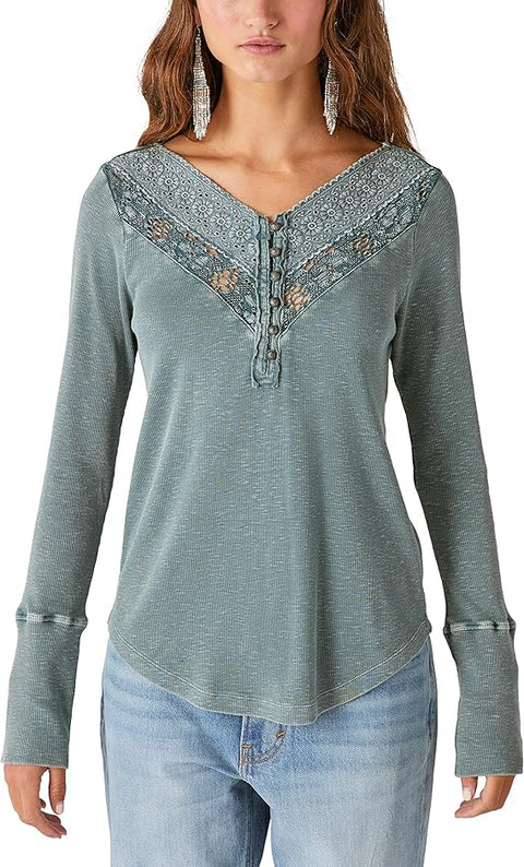 Lucky Brand Women's Green Trim Mix Henley Long Sleeve Blouse |Lucky Brand In Lebanon
