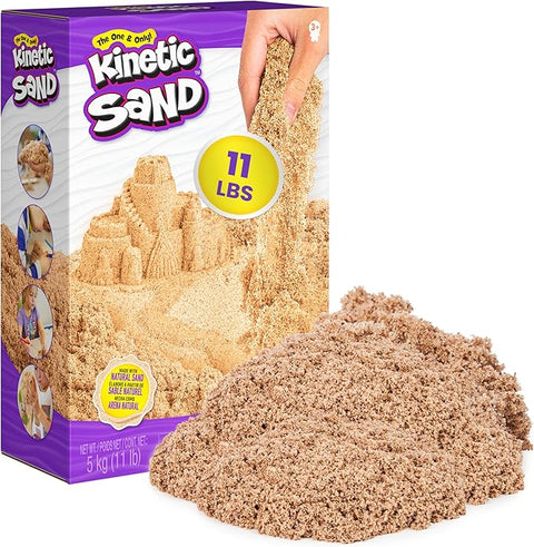 Box of Kinetic Sand with a hand lifting a block, showing 11 lbs of sand.