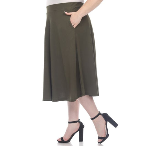 White Mark Women's Olive Green Plus Size Flared Midi Skirt | White Mark In Lebanon