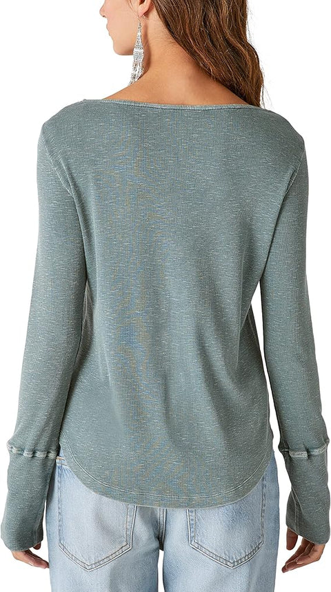Lucky Brand Women's Green Trim Mix Henley Long Sleeve Blouse |Lucky Brand In Lebanon
