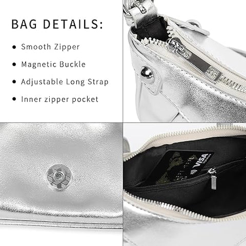 Silver bag with features listed on the left, including smooth zipper, magnetic buckle, adjustable long strap, and inner zipper pocket.
