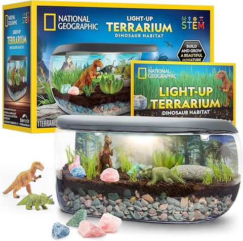 National Geographic light-up terrarium with dinosaurs and packaging