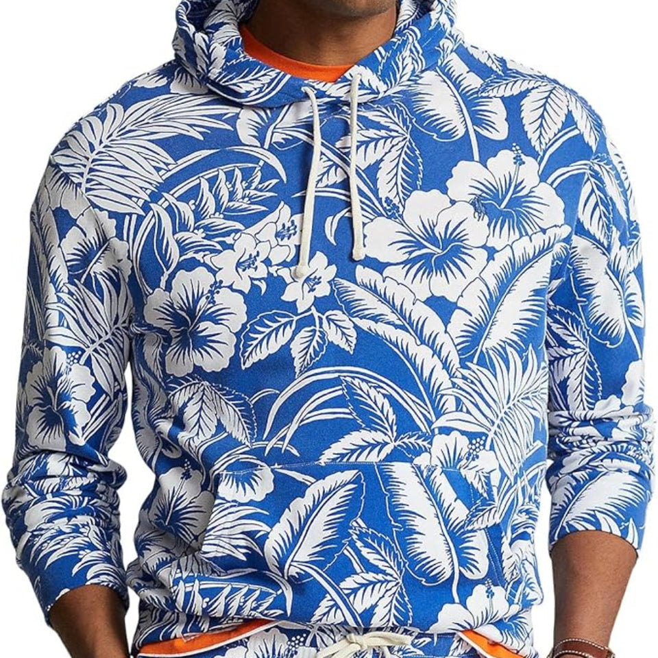 Polo Ralph Lauren Men's White & Blue Tropical Floral Spa Terry Hoodie