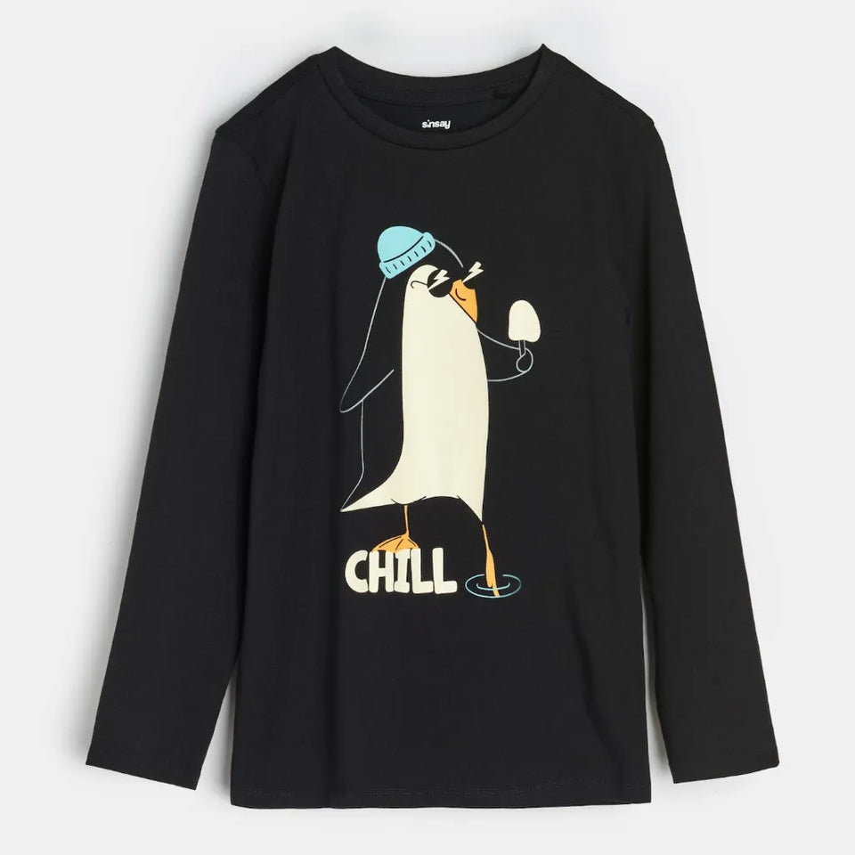 A black long-sleeve crewneck t-shirt featuring a cartoon penguin graphic wearing a blue beanie and sunglasses, holding a white egg, with the word 'CHILL' printed below in white. The brand name 'society6' is visible on the inner neck label.