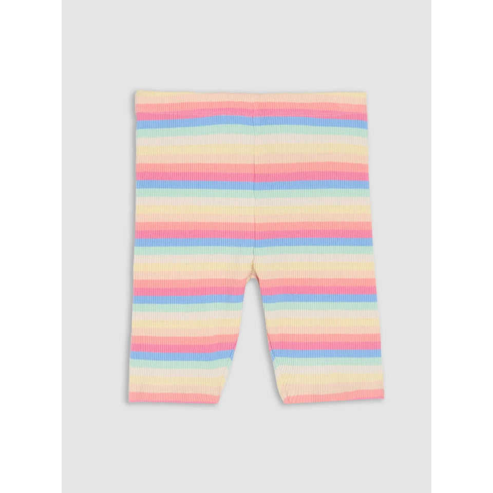 A pair of ribbed knit baby leggings with horizontal pastel stripes in pink, blue, yellow, and green, displayed flat against a light gray background.