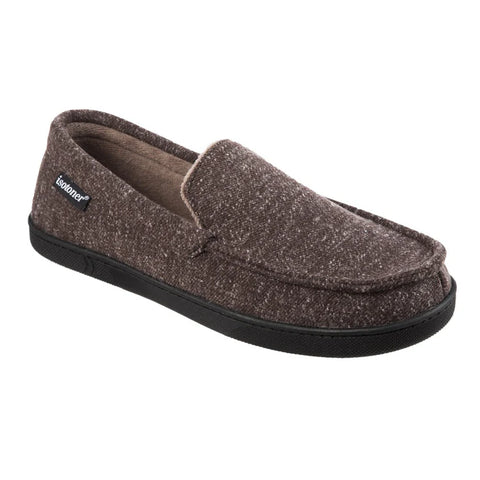 A pair of dark brown Isotoner men's sneaker shoes with a heathered knit design and a label visible on the top.