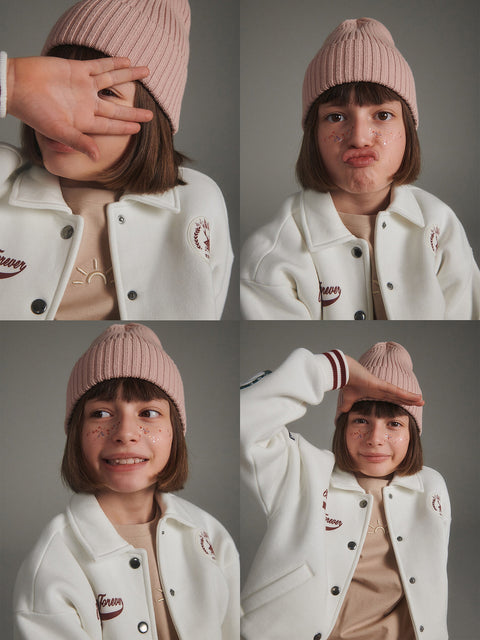 Collage of a child wearing a pink beanie and white jacket with embroidered logos.
