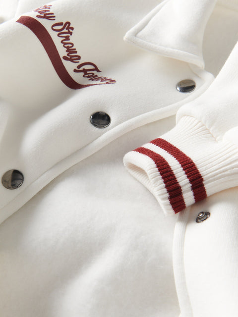 White jacket with red and white striped cuffs and 'Stay Strong' text on a white background