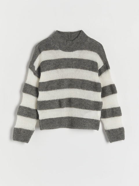 Reserved Girl's Gray & White Striped Round Neck Sweater | Reserved In Lebanon