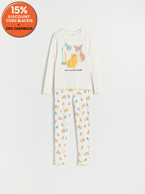 Reserved Girl's Creme Long Sleeve Dogs & Cats Printed Pajama Set | Reserved In Lebanon