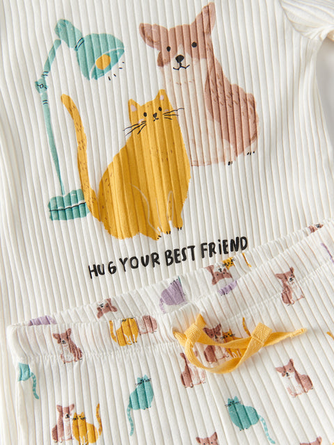 Reserved Girl's Creme Long Sleeve Dogs & Cats Printed Pajama Set | Reserved In Lebanon